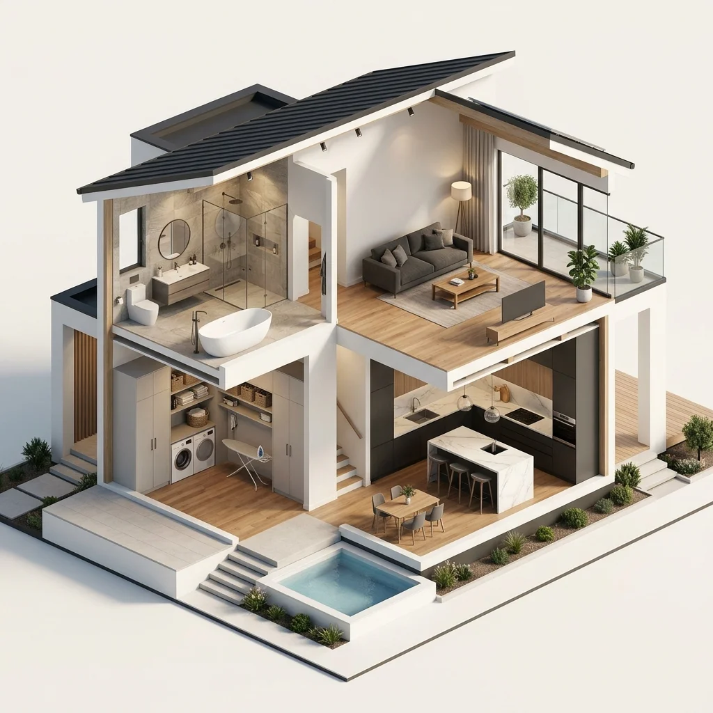 Coupe isométrique d'une maison moderne